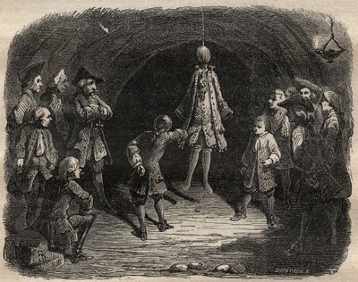 Scuola di ladri creata dal brigante Louis Dominique Garthausen detto Cartouche (1693-1721) in una cava a Parigi: un modello appeso al soffitto le cui tasche dovevano essere svuotate senza muoversi pena una pioggia di colpi da French School