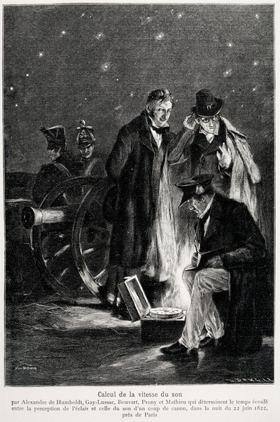 Esperimento scientifico: il calcolo della velocità del suono, di Humboldt, Louis-Joseph Gay-Lussac, Bouvard, Prony e Mathieu, che determinano il tempo trascorso tra la percezione della luce e quella di uno sparo, nella notte da French School