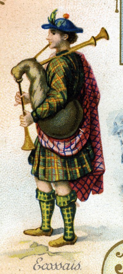 Uomo scozzese. Edizione della litografia parigina, fine del XIX secolo. Serie di 25 cromos pubblicitari per la fabbrica di biscotti Pernot di Digione, creata nel 1869. Dettaglio dei personaggi in costume tradizionale da French School