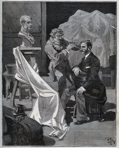 Scultura, laboratorio di uno scultore, messa a fuoco e scultura di un busto. Incisione del 1880 in "Les arts et métiers illustrés" di Adolphe Bitard da French School