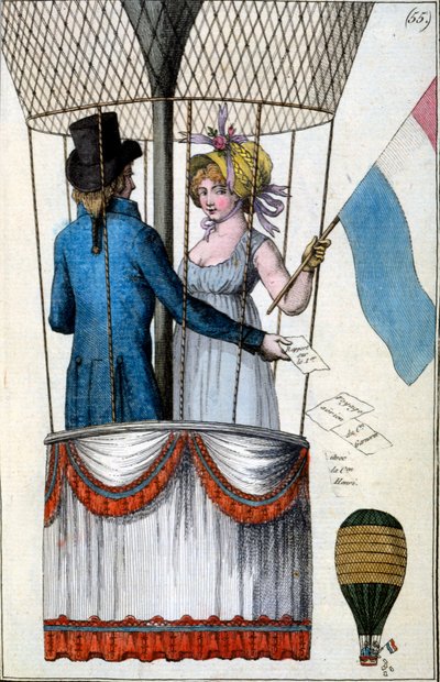 Secondo volo di Garnerin con Citoyenne Henri da Parc Monceau, 8 luglio 1798, da Costumes Parisiens, c.1798 da French School