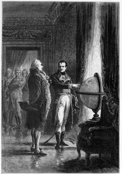 Guarda che piccolo posto occupi nel mondo - NAPOLEONE BONAPARTE, primo console, visita le stanze del Louvre con Charles James Fox (1749 -1806), statista britannico, nel 1801 - incisione in "L