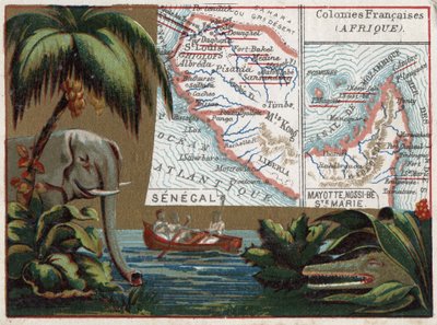 Senegal, Mayotte, Ile de Sainte Marie, Nossi Be (Nossi-be o Nosy-be o Nosy be), Africa. Elefante, coccodrillo e barca in un fiume. Serie sulle colonie francesi. Cromolitografia "il filo geografico", circa 1920. Collezione privata da French School