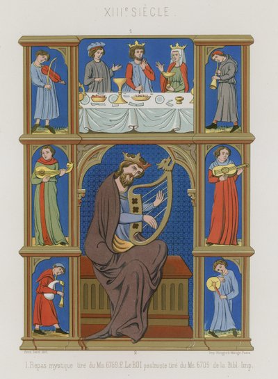 Serie di immagini del XIII secolo che rappresentano una cena mistica, musicisti e un re che suona una lira da French School