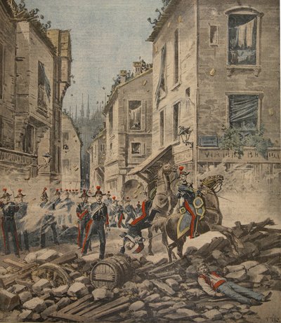 Gravi disordini in Italia: rivolte a Milano, illustrazione da Le Petit Journal: Supplement illustre, 22 maggio 1898 da French School