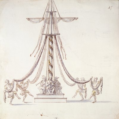 Scenografia per un balletto con marinai che danzano intorno a un albero maestro, dalla collezione intitolata Les Menus Plaisirs du Roi da French School
