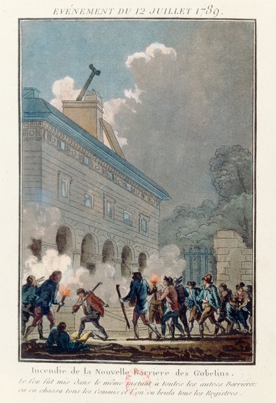 Incendio del muro dei Fermiers Generaux a Parigi il 12 luglio 1789 da French School