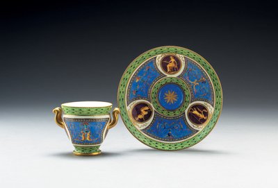 Tazza e piattino a due manici Sevres bleu celeste e verde pallido, 1790 da French School