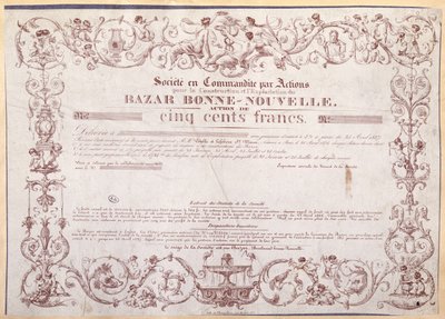 Certificato azionario per 500 franchi per il Bazar Bonne-Nouvelle, 1836 da French School
