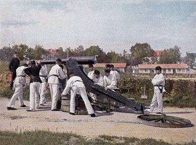 Sparare un cannone da 95 da un punto di osservazione per sedie e piazza - in "Album militare" - artiglieria a piedi da French School