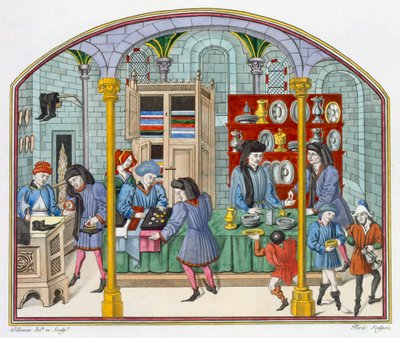 Negozi sotto un mercato coperto, da una miniatura in una traduzione del XIV secolo dell