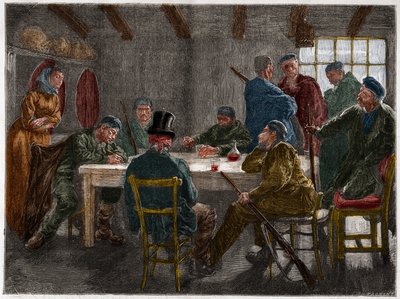 Mafia siciliana nel XIX secolo: Interrogatorio di un proprietario terriero rapito da mafiosi siciliani nel 1873. Incisione del 1873. da French School