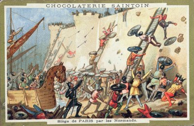 Assedio di Parigi da parte dei Normanni nel IX secolo, pubblicità per la Chocolaterie Saintoin, c.1900 da French School