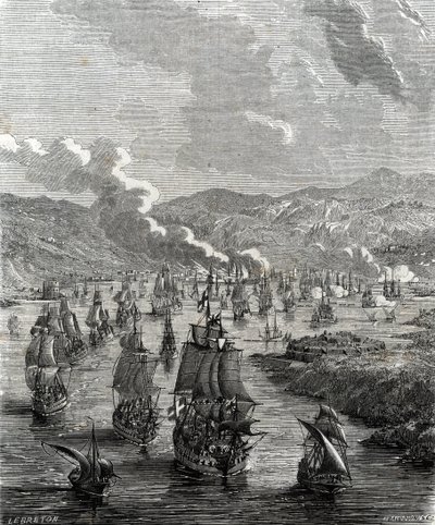 Assedio di Tolone dal 29 luglio al 21 agosto 1707 durante la Guerra di Successione Spagnola quando una forza alleata di terra e mare assediò la base navale francese a Tolone (incisione) da French School