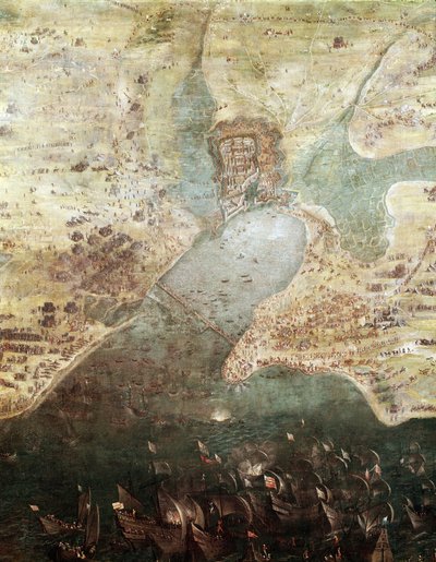 Assedio della città di La Rochelle, nel 1627, dettaglio (dipinto, c.1640) da French School