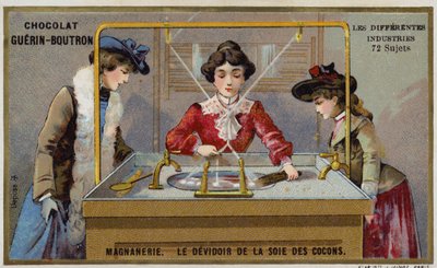 Produzione della seta. Filatura delle fibre su un rocchetto da French School