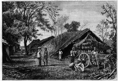 Produzione di seta in un villaggio nei pressi di Mandalay, Birmania, dove i bachi da seta filano il loro cotone. (Da una fotografia del Conte Mahe de La Bourdonnais). Incisione in "La Nature: revue des sciences et de leurs applications aux arts et a l