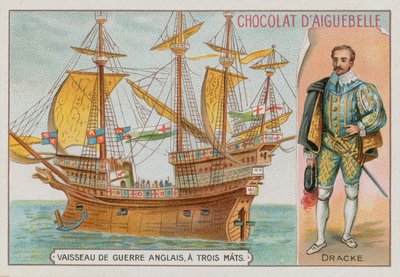 Sir Francis Drake e una nave da guerra inglese a tre alberi da French School