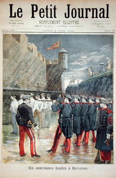 Sei anarchici giustiziati a Barcellona, copertina di Le Petit Journal, 4 giugno 1894 da French School
