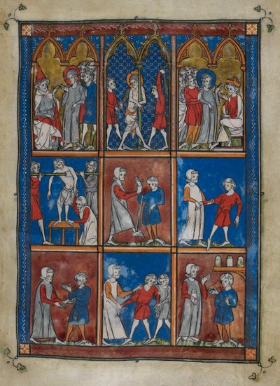 Sloane MS 1977 fol.6r Nove miniature che mostrano scene bibliche e mediche. Sopra, Cristo davanti a Caifa e Pilato; la flagellazione. Al centro e sotto, medici che curano pazienti per ossa rotte e altre malattie da French School