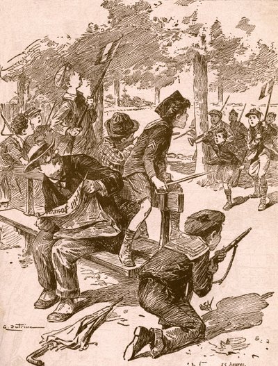 Bambini che giocano alla guerra in Francia durante la Prima Guerra Mondiale. Da Agenda Buvard du Bon Marche pubblicato nel 1917 da French School