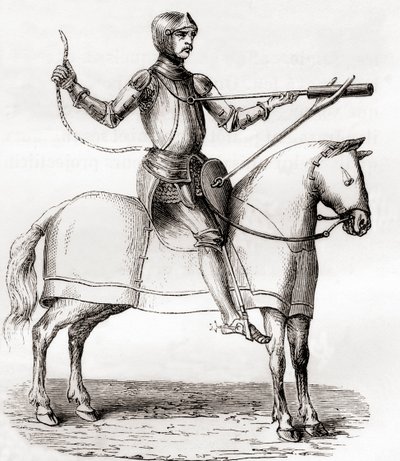Soldato a cavallo che usa una bombarda a mano, fine XIV e inizio XV secolo, da un disegno del manoscritto di Marianus Jacobus, da Les Merveilles de la Science, pubblicato ca. 1870 (incisione) da French School