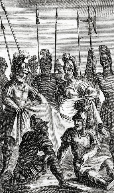 Soldati che tirano a sorte per la divisione dei vestiti di Gesù Cristo (incisione su rame) da French School
