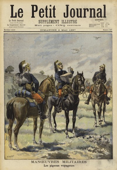 Soldati che usano piccioni viaggiatori durante manovre militari, Soissons, Francia da French School