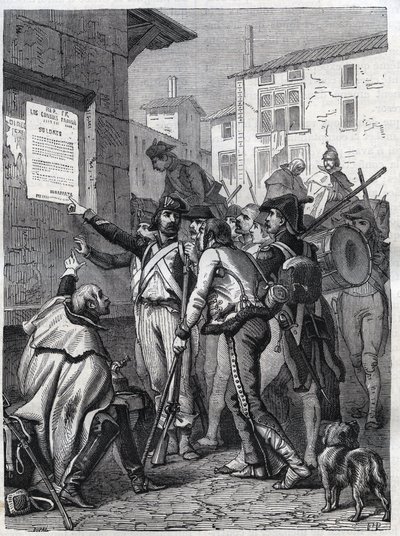 Soldati, i vostri bisogni sono grandi: soldati francesi leggono il proclama del Generale Bonaparte nel novembre 1799 - Incisione del 1865 in "Histoire du Consulat et de l