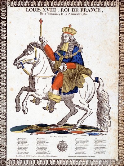 Canzone in onore del re di Francia Luigi XVIII, illustrata da un ritratto equestre del re (incisione) da French School