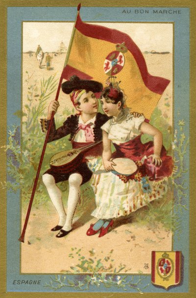 Ragazzo e ragazza spagnoli, da una serie di illustrazioni di bambini di diversi paesi, prodotte come carte promozionali per il grande magazzino Bon Marché a Parigi, c.1890 da French School