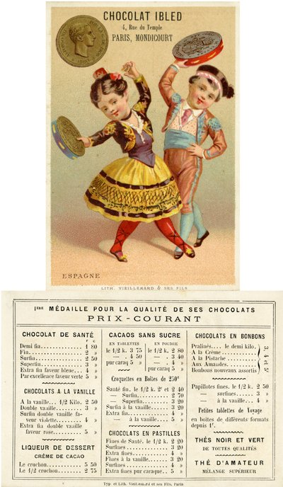 Bambini spagnoli che ballano con tamburelli fatti di pesetas, da una serie di cartoline promozionali sulle valute in diversi paesi, pubblicate a Parigi da Vieillemard per l