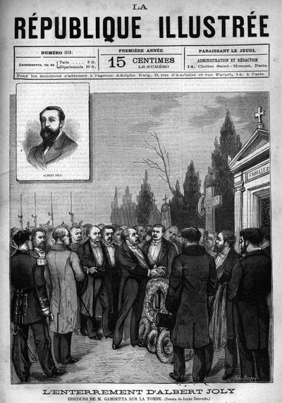 Discorso di Leon Gambetta (1838-1882) alla sepoltura del deputato Albert Joly (1844-1880) al cimitero di Versailles. Un giornale. Incisione del 1880 in "La republique illustree" collezione privata da French School