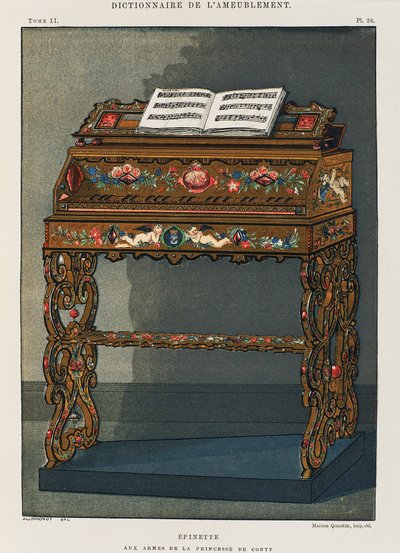 Spinetta con stemma della Principessa di Conti, illustrazione dal Dizionario di Mobili e Decorazioni da French School