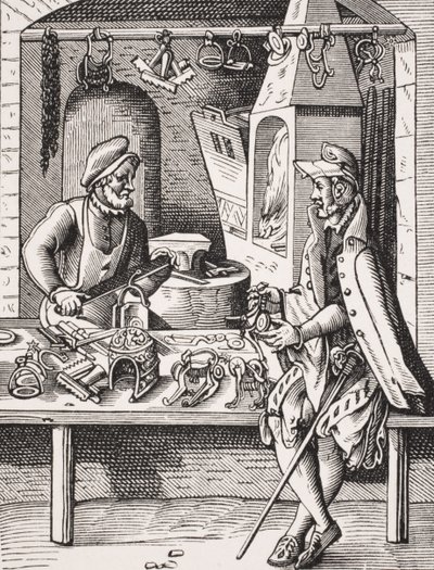 Fabbricante di speroni, riproduzione di una xilografia di Jost Amman da 
