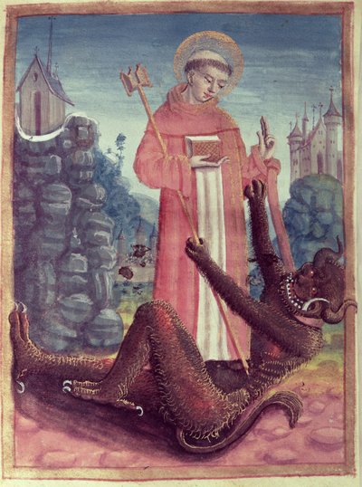 San Bernardo di Menthon (923-1008) che sconfigge un demone, da un Libro d
