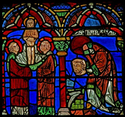 Vetrata di San Cheron: porta la sua testa alla fontana di San Mesme; la sua anima ascende da French School