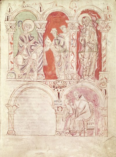 San Giovanni Cassiano (360-c.435) scrive e monaci offrono il libro al patrono dell