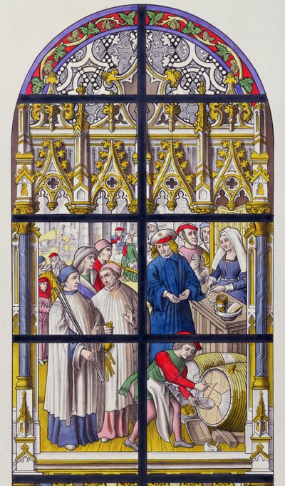 Vetrata della Cattedrale di Tournai che illustra le tasse imposte su birra e vino dai Vescovi di Tournai da French School