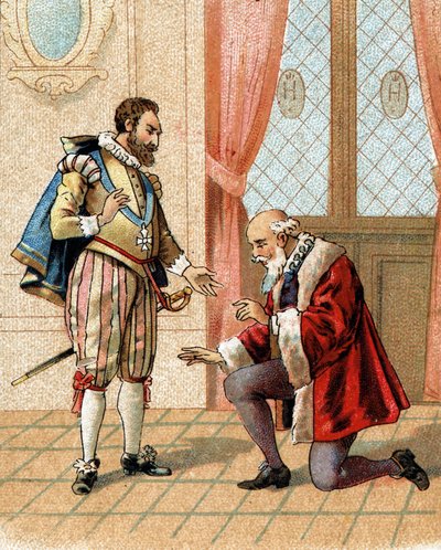 Alzati, amico mio, i tuoi nemici diranno che ti perdono disse il re Enrico IV a Maximilien de Béthune (duca di Sully) (1559-1641) nel 1598 che si era inginocchiato dopo una vivace discussione. da French School