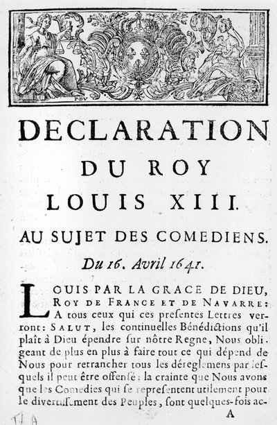 Dichiarazione di Luigi XIII (1601-43) sui comici, 16 aprile 1641 da French School