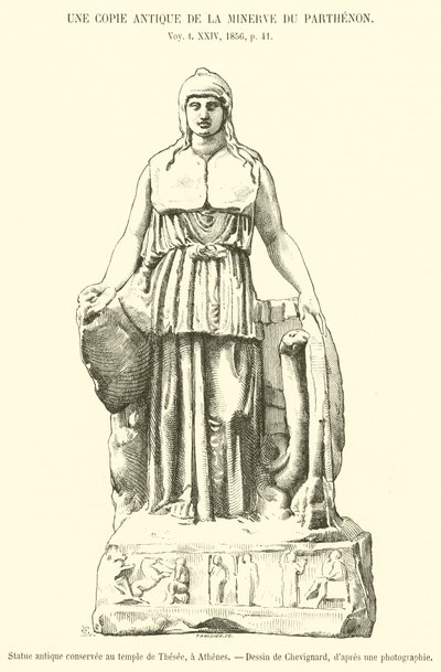 Statua antica conservata nel tempio di Teseo, ad Atene (incisione) da French School