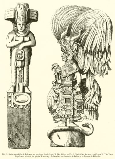 Statua monolitica di Palenque, in porfido; Divinità dello Yucatan (incisione) da French School