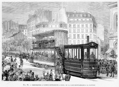 Rimorchiatore a vapore per carrozze tramviarie a Parigi, dalla stazione di Montparnasse alla Bastiglia da French School