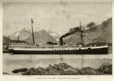 Vapore La Regina, nel porto di Sitka (Alaska, USA). Incisione di Bocher, nel 1890, in Le tour du monde, nouveau journal des voyages, a cura di Edouard Charton (1807-1890), 2° semestre 1891, edizione Hachette, Parigi da French School