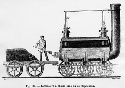 Locomotiva a catena infinita di Stephenson - in "Le meraviglie della scienza" di L. Figuier da French School