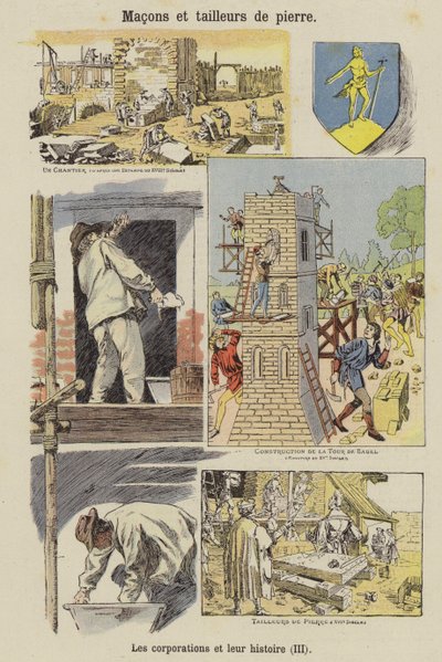 Muratori e scalpellini (litografia a colori) da French School