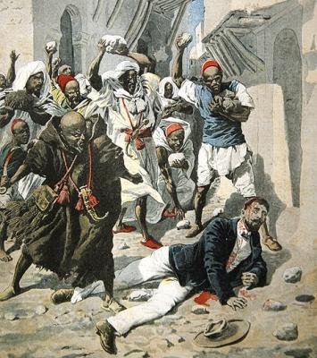Lapidazione a morte del Dottor Emile Mauchamp a Marrakech, illustrazione di copertina di Le Petit Journal, 7 aprile, 1907 da French School