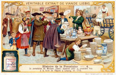 Storia della porcellana n. 4: La porcellana di Meissen (Sassonia) apparve per la prima volta alla Fiera di Pasqua di Lipsia nel 1710. Cromolitografia Liebig da French School
