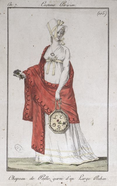 Cappello di paglia con un nastro, tavola di moda da Costumes Parisiens, 1799 da French School